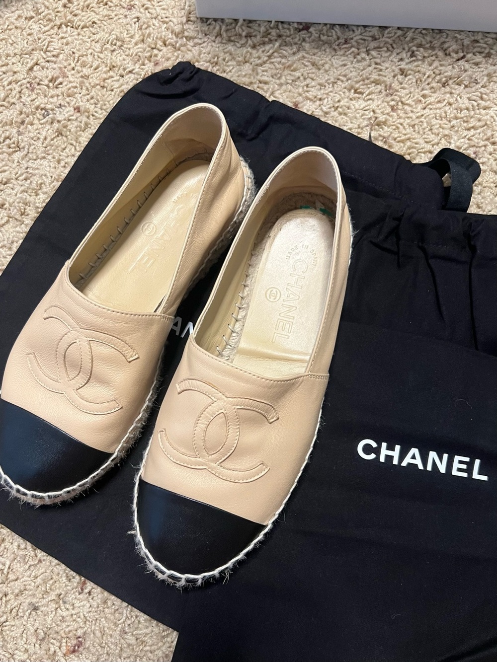 CHANEL Beige and Black Leather Espadrilles with CC Appliqué